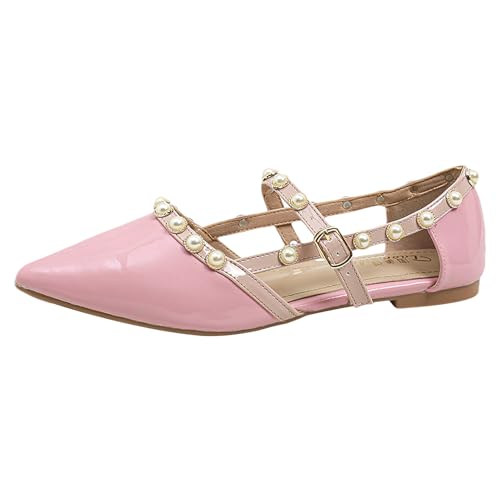 ANUFER Damen Spitze Zehenpartie Ballerinas Schick Perlen-Nieten Schnallenriemen Mary Janes Pumps Schuhe SN07051124 Rosa EU39.5 von ANUFER