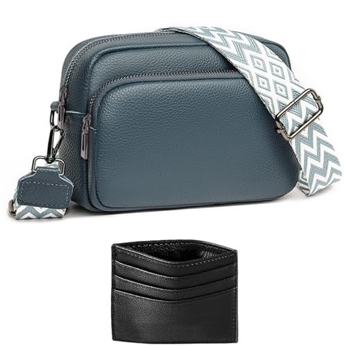 ANYWN Crossbody Bag Damen Breiter Gurt Echtleder, kleine Handtasche Damen Umhängetasche, Umhängetasche damen breiter gurt, Handytasche Zum Umhängen Frauen mit Abnehmbar Schultergurt Blau von ANYWN