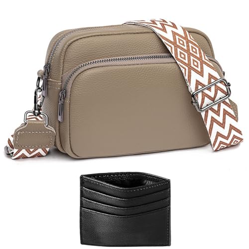 ANYWN Crossbody Bag Damen Breiter Gurt Echtleder, kleine Handtasche Damen Umhängetasche, Umhängetasche damen breiter gurt, Handytasche Zum Umhängen Frauen mit Abnehmbar Schultergurt Khaki von ANYWN