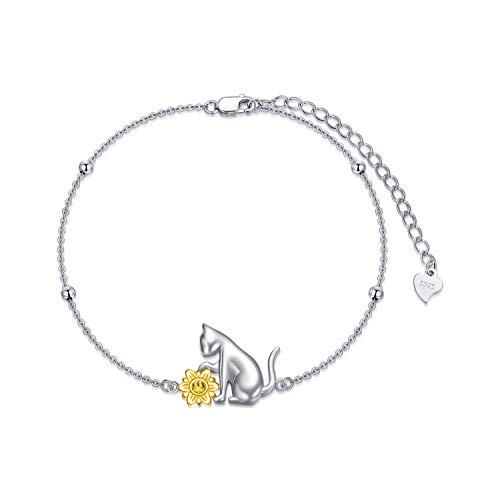 AOBOCO Katzen Armband 925 Sterling Silber Sonnenblume Katzen Schmuck Katzen Geschenke für Frauen Katzenliebhaber von AOBOCO