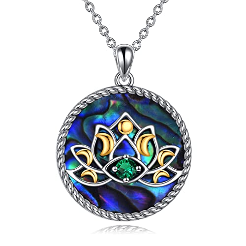 AOBOCO Lotusblume Halskette 925 Sterling Silber Abalone Muschel Yoga Triple Moon Göttin dem bösen Blick Anhänger Muttertag Oder Geburtstags Amulett Schmuck Geschenk für Frauen von AOBOCO