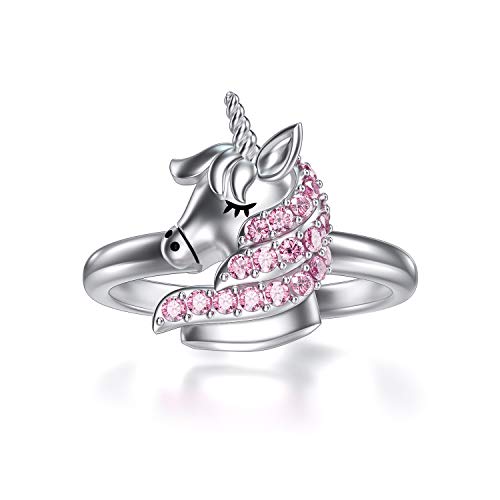 Einhorn Geschenke für Mädchen, Sterling Silber Einhorn Ring mit Rosa Kristallen, Geburtstag Schmuck Geschenke für Frauen Ihre Tochter (9) von AOBOCO