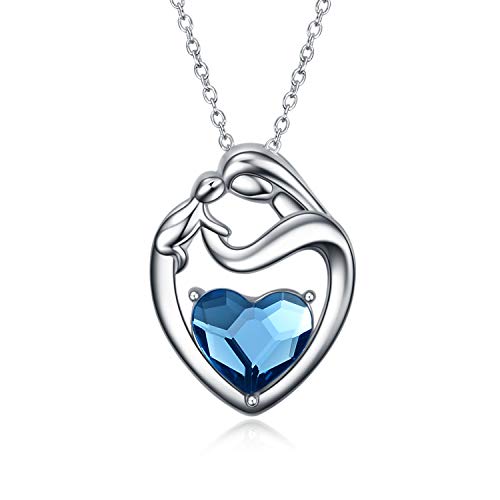 Mutter Tochter Kette Sterling Silber 925 Herz Anhänger Halskette mit Kristallen, Geburtstagsgeschenk für Mama Kinder (Blau) von AOBOCO