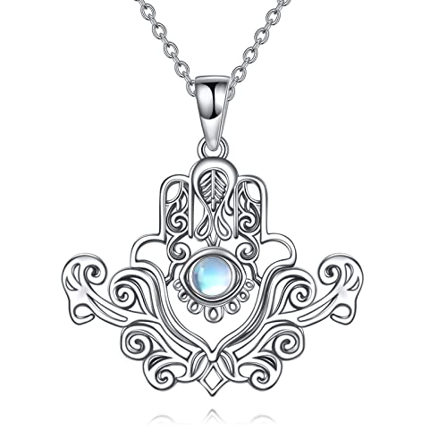 Hamsa Hand Halskette Mondstein Anhänger Evil Eye Hand Halskette Schmuck Geschenke für Damen Herren 925 Sterling Silber von AOBOCO