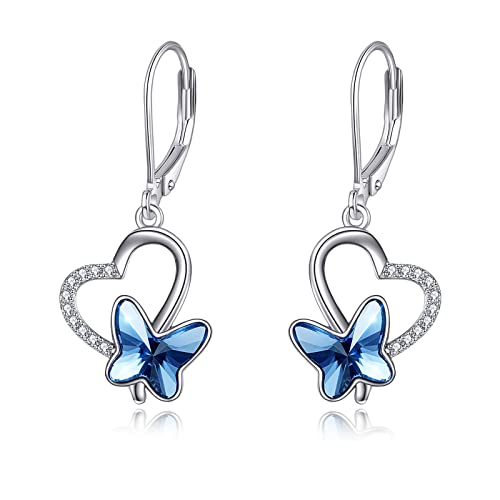 AOBOCO Schmetterling Ohrringe Damen 925 Sterling Silber Leverback Baumeln Tropfen Ohrringe mit Kristall Schmuck Geburtstag Geschenke für Frauen Mädchen Frau Tochter Freundin von AOBOCO