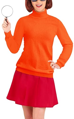 AOBUTE Erwachsene Velma Kostüm Halloween Rollkragen Detektiv Pullover Frauen Orange Langarm Strickpullover 3XL von AOBUTE