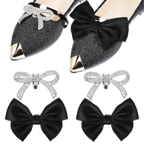 AOKWAWALIY Schuhclips mit Strass-Schleife, 4 Stück, schwarze Schleife, Schuhschnallen, Schuhbrosche, Charm, Hochzeit, Brautschuh, Schleife, Stiefel, Seide, abnehmbarer Schuhschmuck-Clip, von AOKWAWALIY