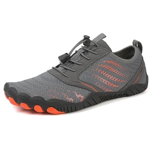 AONEGOLD Barfußschuhe Damen Herren Wasserschuhe Badeschuhe Sommer Strandschuhe Surfschuhe Schwimmschuhe Aquaschuhe Fitnessschuhe mit rutschfest Sohle Zehenschuhe Schnell Trocknend(Grau,Größe 43) von AONEGOLD