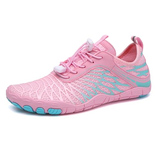 AONEGOLD Barfußschuhe Damen Herren Wasserschuhe Badeschuhe Sommer Strandschuhe Surfschuhe Schwimmschuhe Aquaschuhe Fitnessschuhe mit rutschfest Sohle Zehenschuhe Schnell Trocknend(Rosa,Größe 37) von AONEGOLD