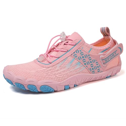 AONEGOLD Barfußschuhe Damen Herren Wasserschuhe Badeschuhe Sommer Strandschuhe Surfschuhe Schwimmschuhe Aquaschuhe Fitnessschuhe mit rutschfest Sohle Zehenschuhe Schnell Trocknend(Rosa,Größe 39) von AONEGOLD