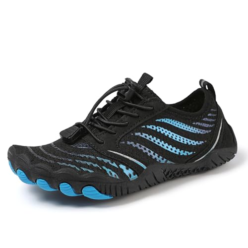 AONEGOLD Barfußschuhe Kinder Leicht Weich Badeschuhe Junge Mädchen Atmungsaktiv rutschfest Wasserschuhe Strandschuhe Schnell Trocknend Aquaschuhe Sportschuhe (Schwarz Blau,27EU) von AONEGOLD