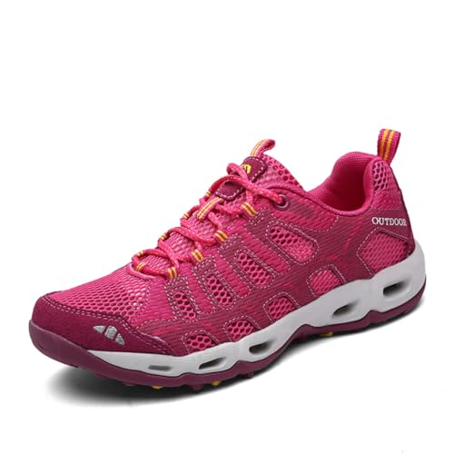 AONETIGER Wanderschuhe Herren Damen Wasserdicht Outdoorschuhe rutschfeste Bergschuhe Leicht Atmungsaktiv Laufschuhe (Größe 36EU,Rose Rot) von AONETIGER