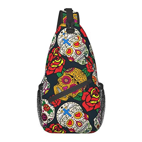 Anti-Diebstahl-Schultertasche, für Rosenblumen, Tag der Toten, Zuckerschädel, Schulter-Crossbody-Rucksack, wasserdichte Brusttasche, Leichter, lässiger Tagesrucksack für Reisen, Sport von AOOEDM