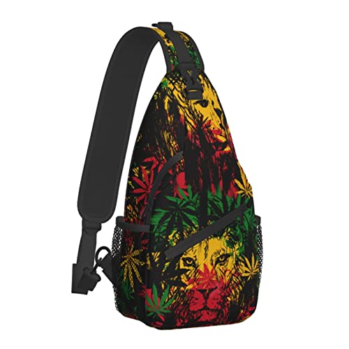 Lion with CannabisLeaves Umhängetasche für Damen und Herren, Crossbody-Schultertaschen, lässiger Sling-Rucksack, Brusttasche, Reisen, Wandern, Tagesrucksack für den Außenbereich von AOOEDM