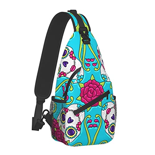 Männer und Frauen Sling Bag Chest Daypack Rose Sugar Skull Dead Mexican Talavera Blue Schulterrucksack Crossbody für Wandern Camping Laufen Anti-Diebstahl-Rucksack mit großer Kapazität von AOOEDM