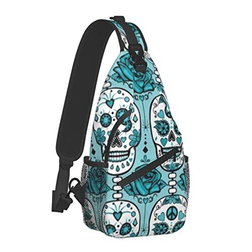 Männer und Frauen Sling Bag Chest Daypack Türkis Rose Sugar Skulls Schulterrucksack Crossbody für Wandern Camping Laufen Anti-Diebstahl-Rucksack mit großer Kapazität von AOOEDM