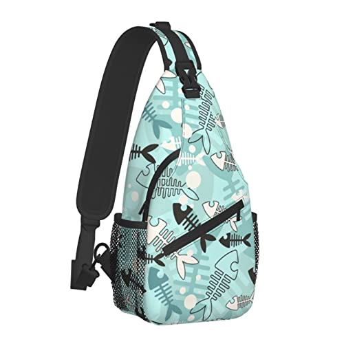 Nahtlose Skelett-Fisch-Schultertasche für Damen und Herren, Umhängetaschen mit Tierdruck, lässiger Sling-Rucksack, Brusttasche, Reisen, Wandern, Tagesrucksack für den Außenbereich von AOOEDM