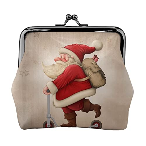 Santa Claus On Scooter Print Small Coin Purse Kiss-Lock Leather Pouch Change Wallet Gifts for Men Women von AOOEDM