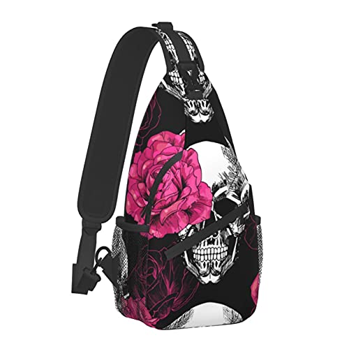 Sling Bag Pink Roses Skull Crossbody Rucksack für Herren Jungen, Leichte Umhängetasche Anti-Diebstahl-Sporttasche für Wandern Reisen Radfahren, Einheitsgröße von AOOEDM