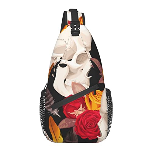 Umhängetasche für Männer und Frauen, für Rosenblumen, Tag der Toten, Zuckerschädel, Schulterrucksack, Brusttaschen, Crossbody-Tagesrucksack für Outdoor, Wandern, Camping, Radfahren von AOOEDM