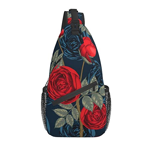 Vintage Blumen Rot Rose Burgund Blumen Kreuz Brusttasche Diagonal Männer Frauen Umhängetasche Lässige Mode Reisetasche Sling Rucksack von AOOEDM