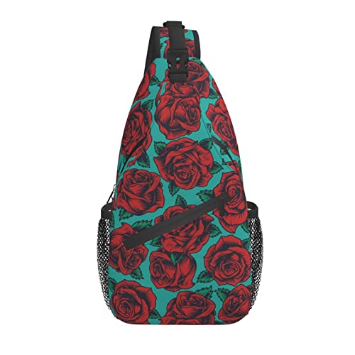 Vintage Blumen Rot Rose Burgund Blumen Kreuz Brusttasche Diagonal Männer Frauen Umhängetasche Lässige Mode Reisetasche Sling Rucksack von AOOEDM