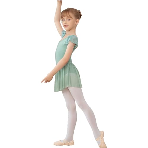 AOQUNFS Ballettkleider Mädchen Spitze Kurzarm Ballettkleidung Turnanzug Tanzkleid Ballettanzug Kinder Balletttrikot mit Tüllrock,118-Salbei Grün, 8-9Jahre von AOQUNFS