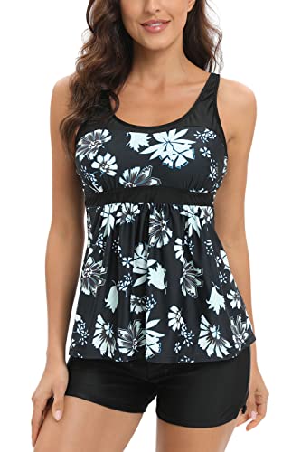 AOQUSSQOA Damen Blumenhalfter Tankini Set mit Shorts Hohe Taille Sportlicher Badeanzug Bikini (Black Flower, L) von AOQUSSQOA