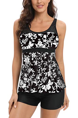 AOQUSSQOA Damen Blumenhalfter Tankini Set mit Shorts Hohe Taille Sportlicher Badeanzug Bikini (Black Leaf, M) von AOQUSSQOA