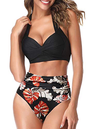 AOQUSSQOA Frauen Zweiteilige Tankini Badeanzüge High Waist Halfter Vintage Bikini Set Damen Bademode(Black Maple, L) von AOQUSSQOA