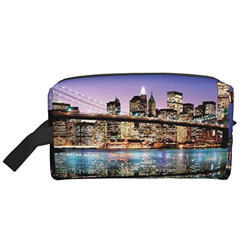 Kosmetiktasche, Motiv: Galaxie, Mond, Weltraum, bedruckt, mit Reißverschluss, für Damen, Make-up-Tasche, Kulturbeutel, Zubehör-Organizer, Brooklyn Bridge at Night, Einheitsgröße von AORYGGS