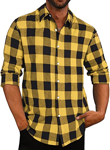 APOONABA Flanellhemd Herren Hemd Kariertes Freizeithemd Casual Flanell Hemden Langarmhemd Regular Fit Lose Baumwolle Langarm Button Down Shirts Herbst Frühling Sommer Gelb S von APOONABA