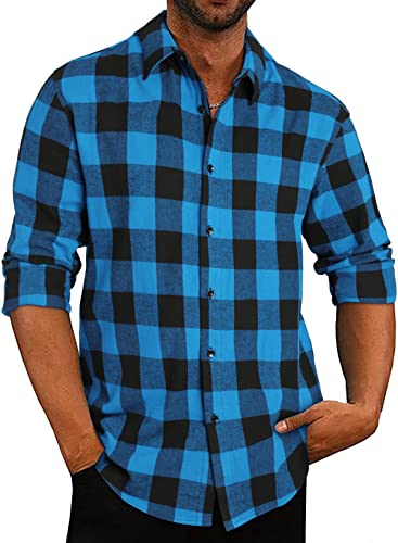 APOONABA Flanellhemd Herren Hemd Kariertes Freizeithemd Casual Langarmhemd Regular Fit Flanell Hemden Lose Baumwolle Langarm Button Down Shirts Herbst Frühling Sommer Blau M von APOONABA