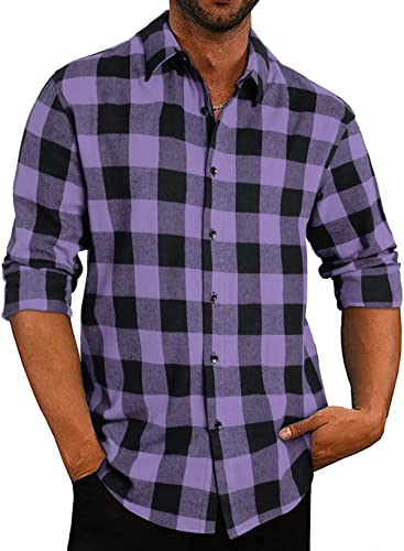 APOONABA Flanellhemd Herren Hemd Kariertes Freizeithemd Casual Langarmhemd Regular Fit Flanell Hemden Lose Baumwolle Langarm Button Down Shirts Herbst Frühling Sommer Lila XXL von APOONABA