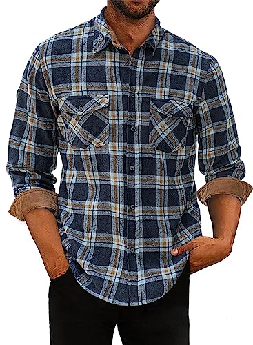 APOONABA Flanellhemd Herren Hemd Kariertes Hemden Flanell Langarmhemd Baumwolle Freizeithemd Langarm Button Down Western Shirts Regular Fit Blau M von APOONABA