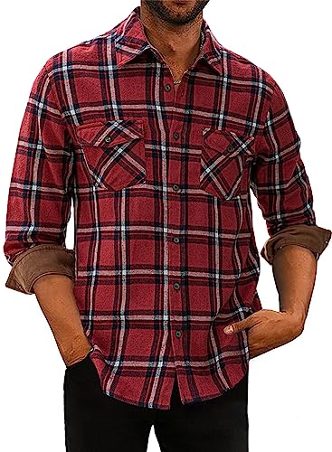 APOONABA Flanellhemd Herren Hemd Kariertes Hemden Flanell Langarmhemd Baumwolle Freizeithemd Langarm Button Down Western Shirts Regular Fit Rot S von APOONABA