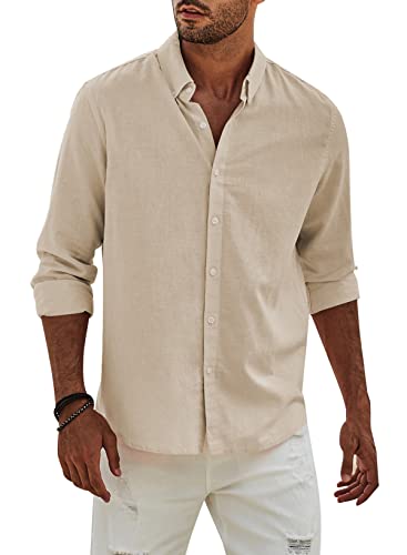 APOONABA Hemd Herren Buissnes Leinenhemd Freizeithemd Casual Leinen Bluse Langarm Shirts Regular Fit Western Hemden Baumwolle Langarmhemd Frühling Sommer Herbst Beige M von APOONABA