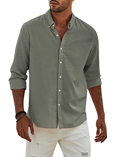 APOONABA Hemd Herren Buissnes Leinenhemd Freizeithemd Casual Leinen Bluse Langarm Shirts Regular Fit Western Hemden Baumwolle Langarmhemd Frühling Sommer Herbst Grün S von APOONABA