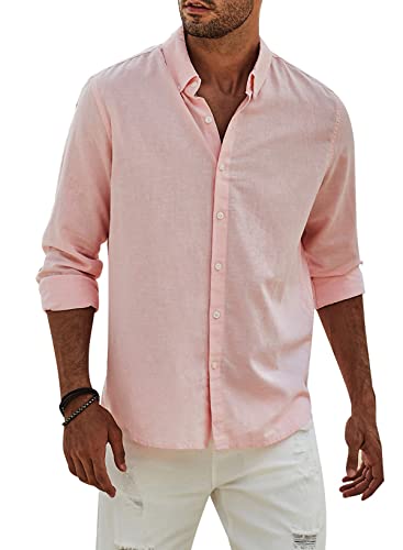 APOONABA Hemd Herren Buissnes Leinenhemd Freizeithemd Casual Leinen Bluse Langarm Shirts Regular Fit Western Hemden Baumwolle Langarmhemd Frühling Sommer Herbst Rosa S von APOONABA