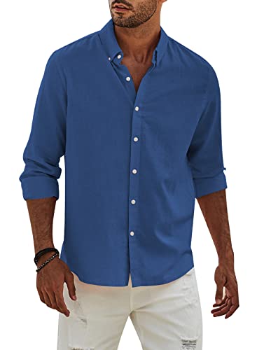 APOONABA Hemd Herren Buissnes Leinenhemd Freizeithemd Casual Leinen Bluse Langarm Shirts Regular Fit Western Hemden Baumwolle Langarmhemd Frühling Sommer Herbst Shirt Blau 2XL von APOONABA