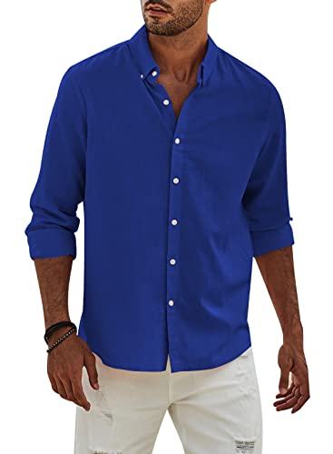 APOONABA Hemd Herren Buissnes Leinenhemd Freizeithemd Casual Leinen Bluse Langarm Shirts Regular Fit Western Hemden Baumwolle Langarmhemd Frühling Sommer Shirt Herbst Blau S von APOONABA