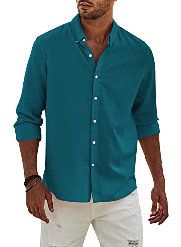 APOONABA Hemd Herren Buissnes Leinenhemd Freizeithemd Casual Leinen Bluse Langarm Shirts Regular Fit Western Hemden Baumwolle Langarmhemd Shirt Frühling Sommer Herbst Blau 2XL von APOONABA