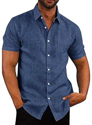 APOONABA Hemd Herren Freizeithemd Einfarbig Kurzarm Shirts Sommer Hemden für Herren Button down Baumwolle Western Bluse Frühling T-Shirts Blau XL von APOONABA