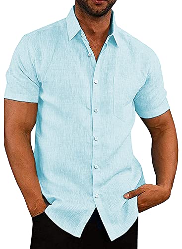 APOONABA Hemd Herren Freizeithemd Einfarbig Kurzarm Shirts Sommer Hemden für Herren Button down Baumwolle Western Bluse Strand Frühling Coton T-Shirts Himmelblau 2XL von APOONABA