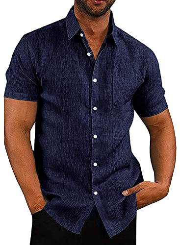 APOONABA Hemd Herren Freizeithemd Einfarbig Kurzarm Shirts Sommer Hemden für Herren Button down Baumwolle Western Bluse Strand Frühling T-Shirts Blau M von APOONABA