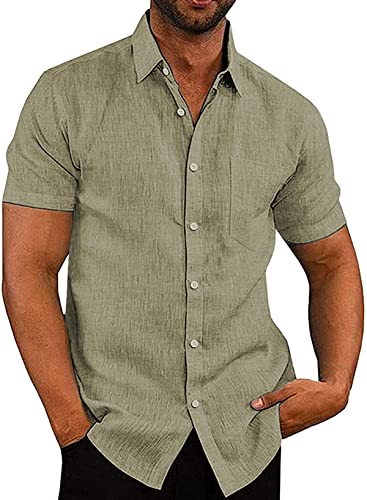 APOONABA Hemd Herren Freizeithemd Einfarbig Kurzarm Shirts Sommer Hemden für Herren Button down Baumwolle Western Bluse Strand Frühling T-Shirts Grün 2XL von APOONABA