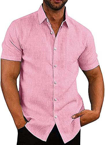 APOONABA Hemd Herren Freizeithemd Einfarbig Kurzarm Shirts Sommer Hemden für Herren Button down Baumwolle Western Bluse Strand Frühling T-Shirts Rosa M von APOONABA