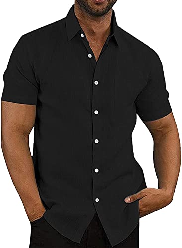 APOONABA Hemd Herren Freizeithemd Einfarbig Kurzarm Shirts Sommer Hemden für Herren Button down Baumwolle Western Bluse Strand Frühling T-Shirts Schwarz L von APOONABA