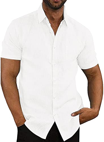 APOONABA Hemd Herren Freizeithemd Einfarbig Kurzarm Shirts Sommer Hemden für Herren Button down Baumwolle Western Bluse Strand Frühling T-Shirts Weiß M von APOONABA