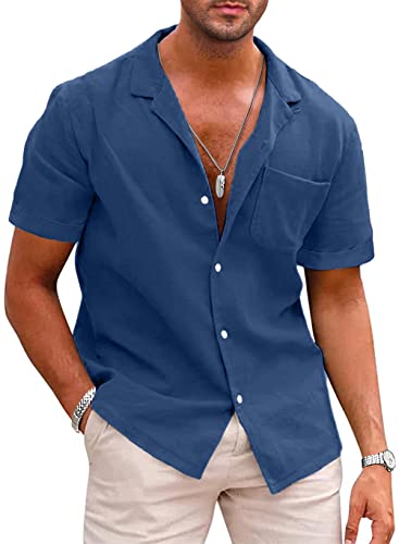 APOONABA Hemd Herren Kurzarm Leinenhemd Freizeithemd Leinen Hemden Casual Sommer Shirts Baumwolle Western Hemd Regular Fit Blau M von APOONABA